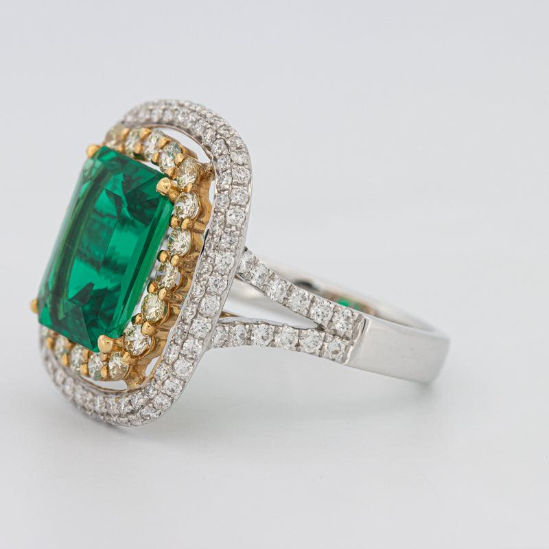 4.50 CT Double Halo Cushion Green Emerald Ring - ZIZOV DIAMONDS