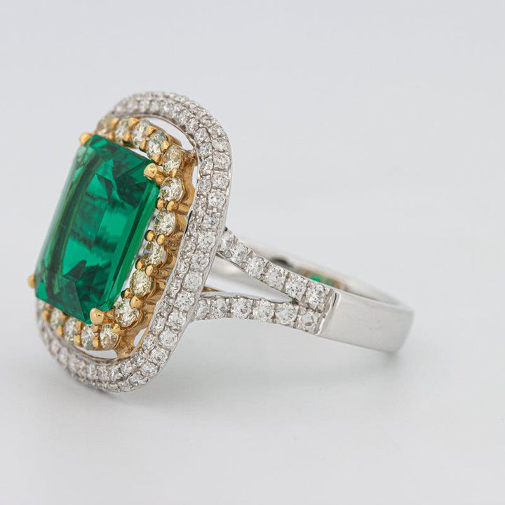 4.50 CT Double Halo Cushion Green Emerald Ring - ZIZOV DIAMONDS