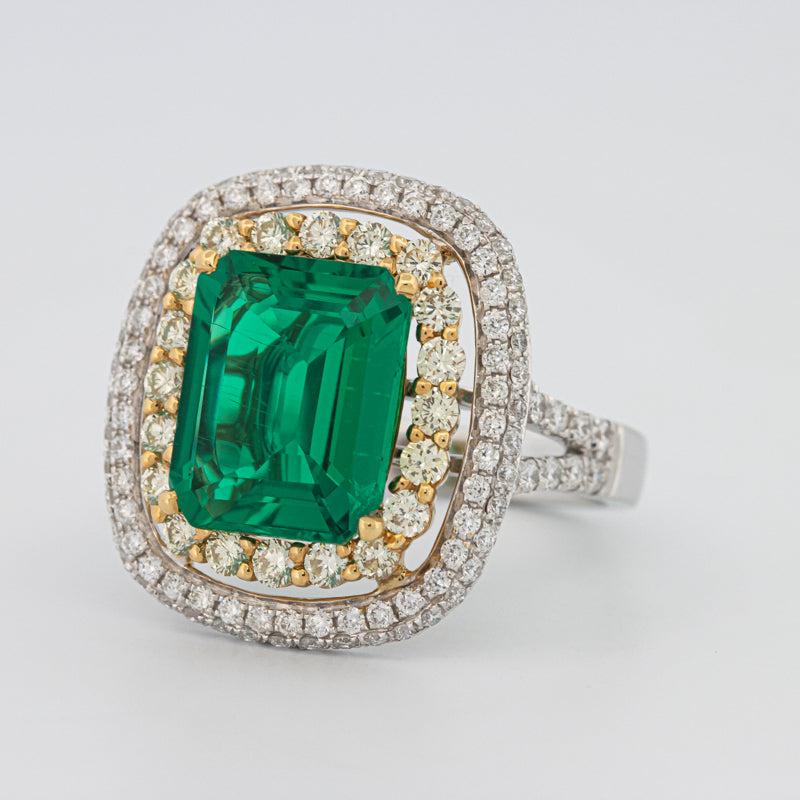 4.50 CT Double Halo Cushion Green Emerald Ring - ZIZOV DIAMONDS