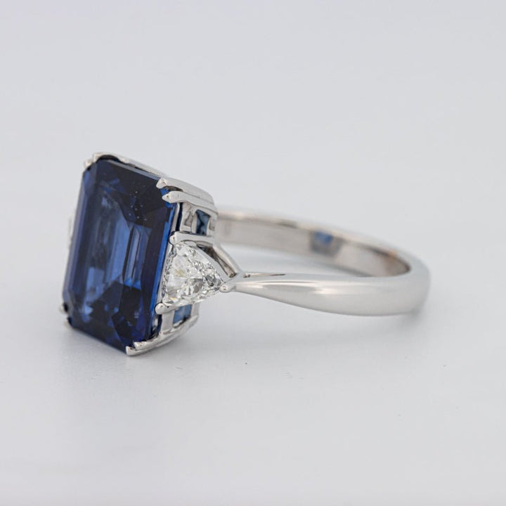 5.88 CT Emerald Cut Blue Sapphire Trilogy Ring (LG) - ZIZOV DIAMONDS