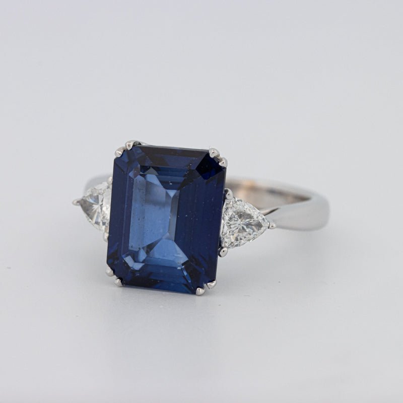5.88 CT Emerald Cut Blue Sapphire Trilogy Ring (LG) - ZIZOV DIAMONDS