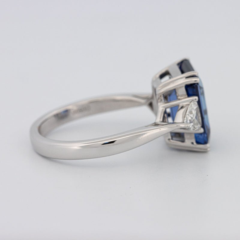 5.88 CT Emerald Cut Blue Sapphire Trilogy Ring (LG) - ZIZOV DIAMONDS