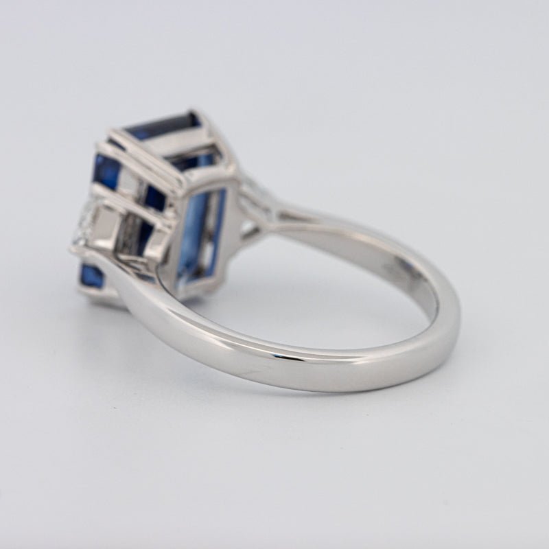 5.88 CT Emerald Cut Blue Sapphire Trilogy Ring (LG) - ZIZOV DIAMONDS