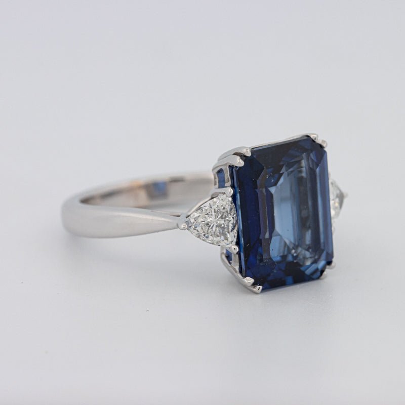5.88 CT Emerald Cut Blue Sapphire Trilogy Ring (LG) - ZIZOV DIAMONDS