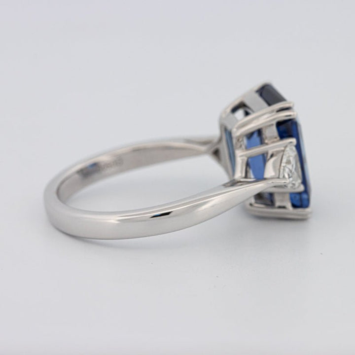 5.88 CT Emerald Cut Blue Sapphire Trilogy Ring (LG) - ZIZOV DIAMONDS