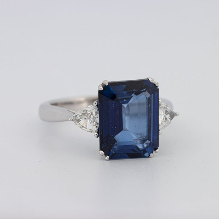 5.88 CT Emerald Cut Blue Sapphire Trilogy Ring (LG) - ZIZOV DIAMONDS