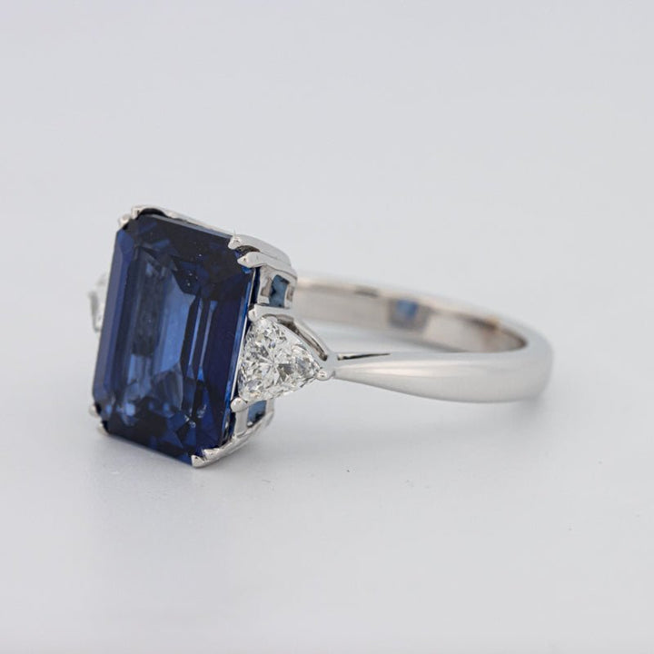 5.88 CT Emerald Cut Blue Sapphire Trilogy Ring (LG) - ZIZOV DIAMONDS
