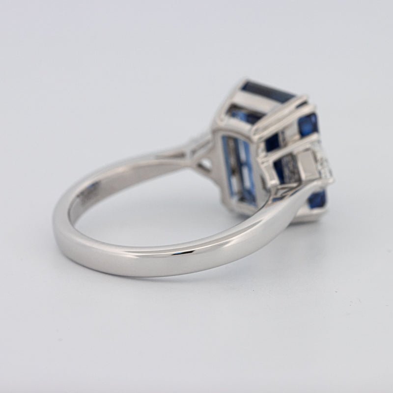 5.88 CT Emerald Cut Blue Sapphire Trilogy Ring (LG) - ZIZOV DIAMONDS