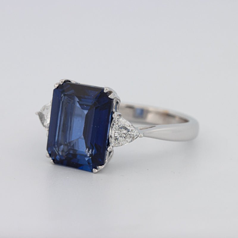 5.88 CT Emerald Cut Blue Sapphire Trilogy Ring (LG) - ZIZOV DIAMONDS