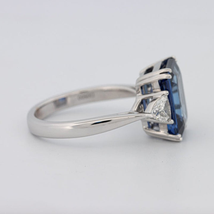 5.88 CT Emerald Cut Blue Sapphire Trilogy Ring (LG) - ZIZOV DIAMONDS