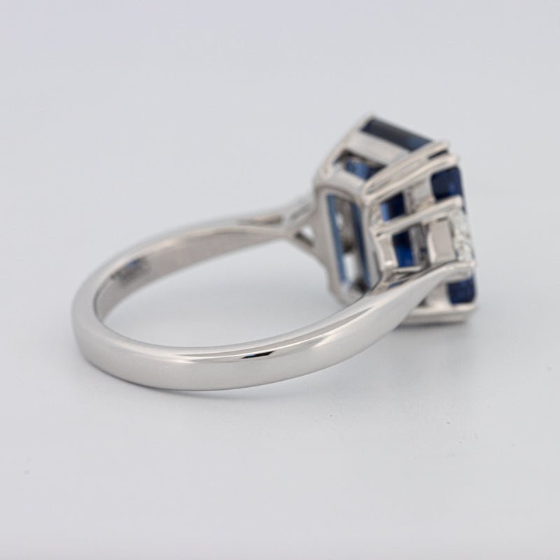5.88 CT Emerald Cut Blue Sapphire Trilogy Ring (LG) - ZIZOV DIAMONDS