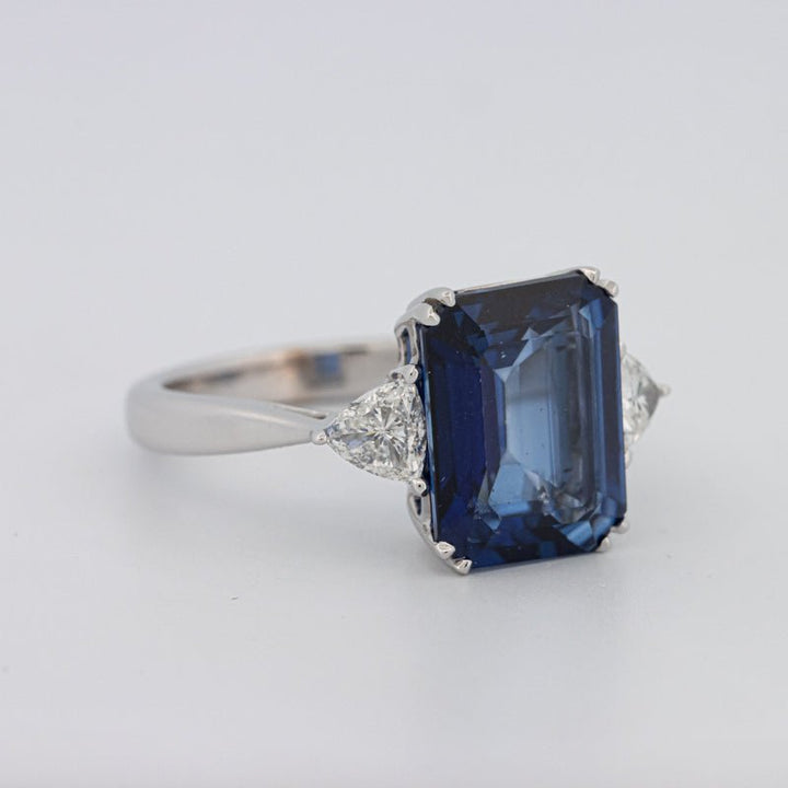 5.88 CT Emerald Cut Blue Sapphire Trilogy Ring (LG) - ZIZOV DIAMONDS