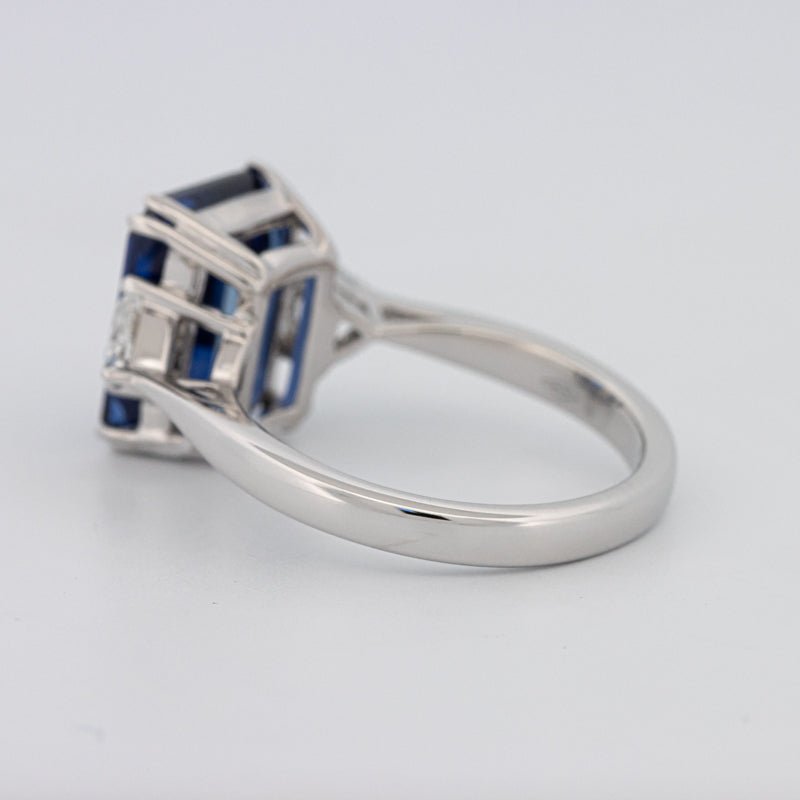 5.88 CT Emerald Cut Blue Sapphire Trilogy Ring (LG) - ZIZOV DIAMONDS