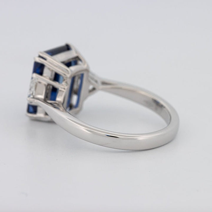 5.88 CT Emerald Cut Blue Sapphire Trilogy Ring (LG) - ZIZOV DIAMONDS
