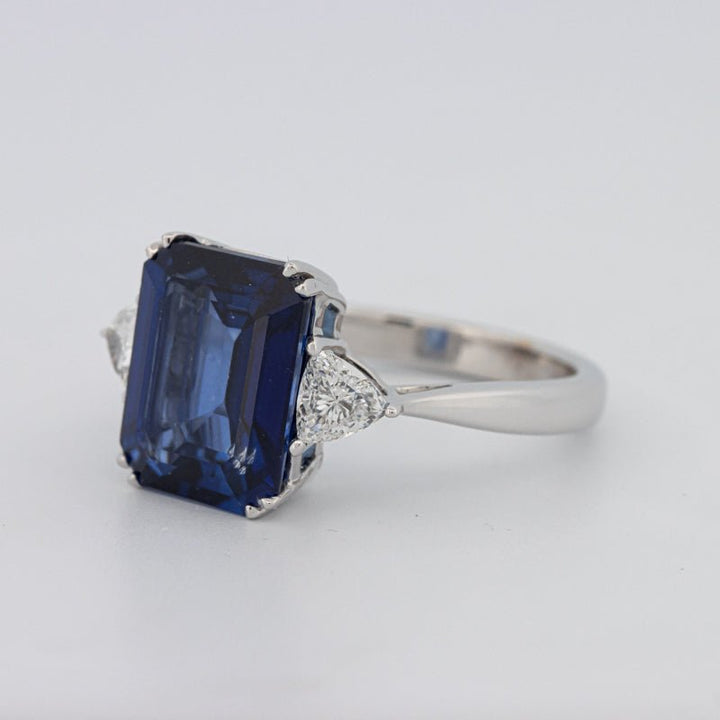 5.88 CT Emerald Cut Blue Sapphire Trilogy Ring (LG) - ZIZOV DIAMONDS