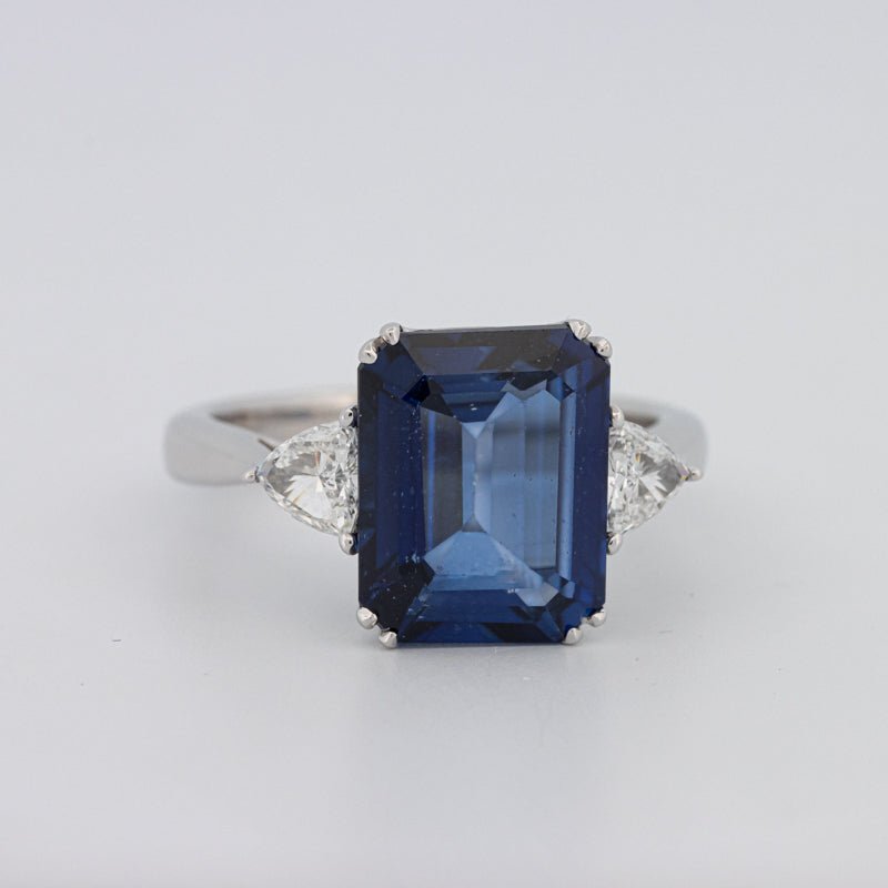 5.88 CT Emerald Cut Blue Sapphire Trilogy Ring (LG) - ZIZOV DIAMONDS