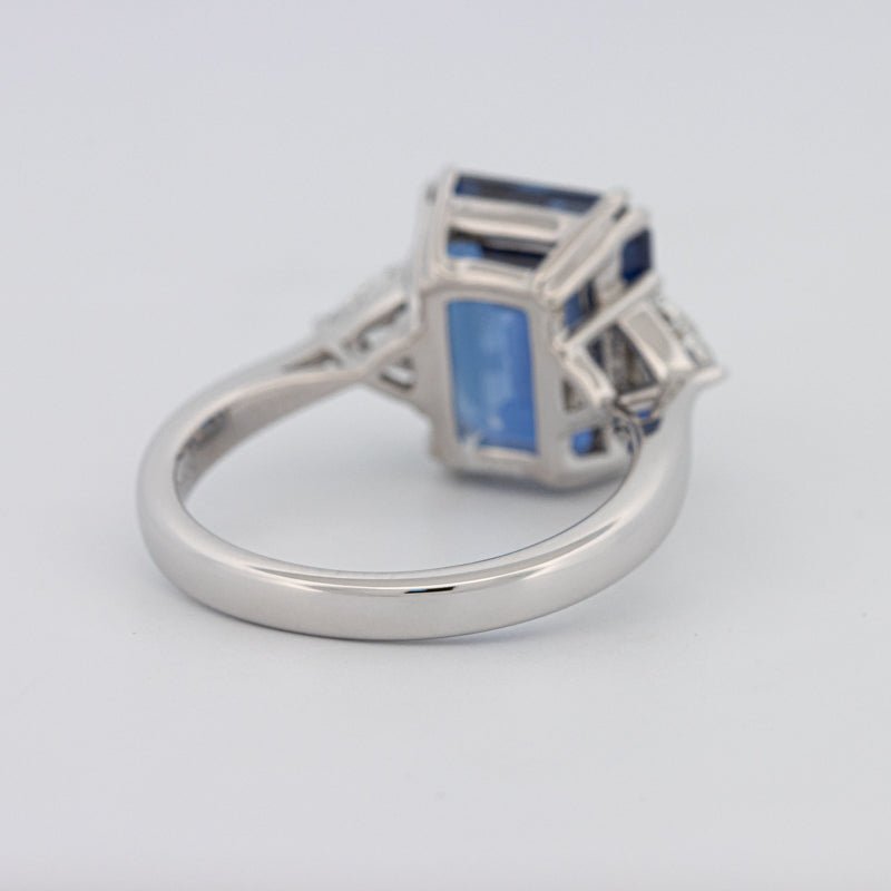 5.88 CT Emerald Cut Blue Sapphire Trilogy Ring (LG) - ZIZOV DIAMONDS