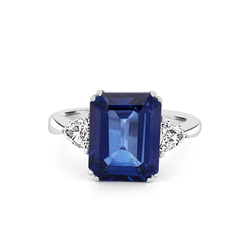 5.88 CT Emerald Cut Blue Sapphire Trilogy Ring (LG) - ZIZOV DIAMONDS