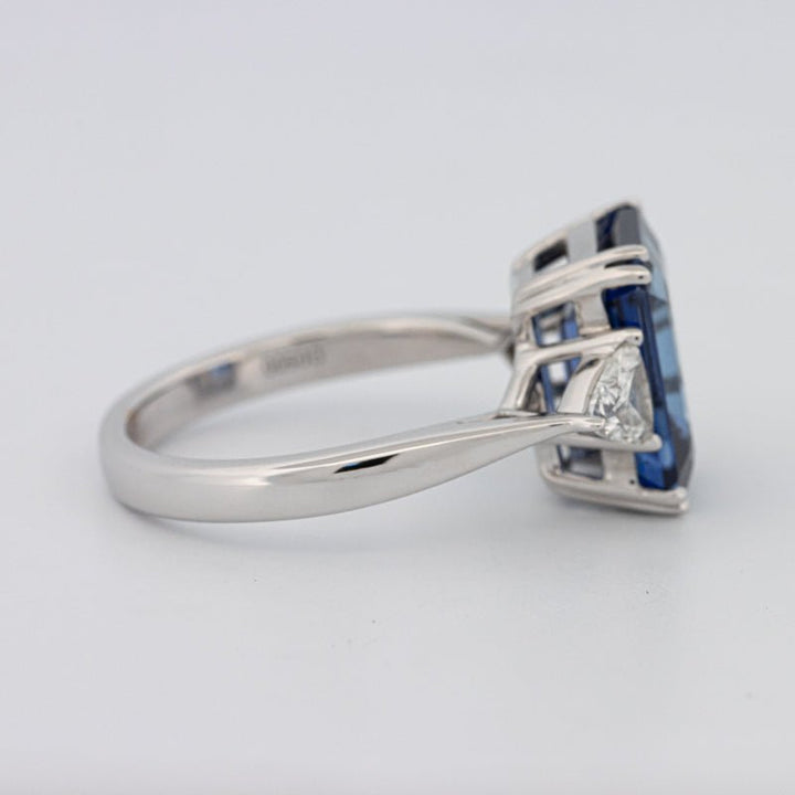 5.88 CT Emerald Cut Blue Sapphire Trilogy Ring (LG) - ZIZOV DIAMONDS