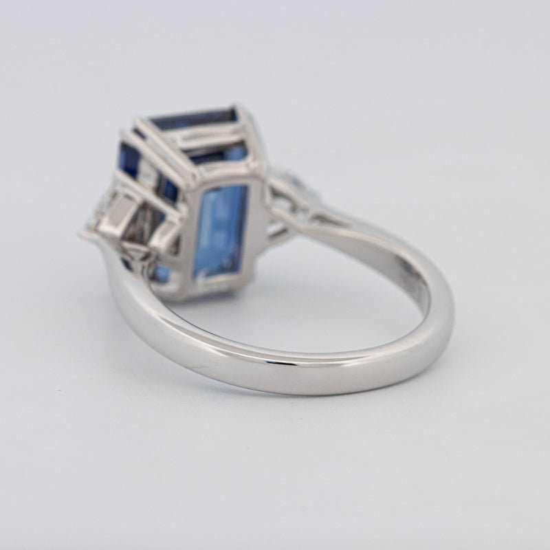 5.88 CT Emerald Cut Blue Sapphire Trilogy Ring (LG) - ZIZOV DIAMONDS