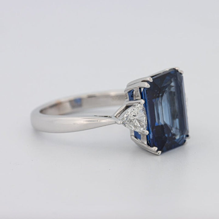 5.88 CT Emerald Cut Blue Sapphire Trilogy Ring (LG) - ZIZOV DIAMONDS