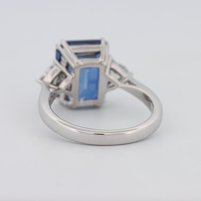 5.88 CT Emerald Cut Blue Sapphire Trilogy Ring (LG) - ZIZOV DIAMONDS