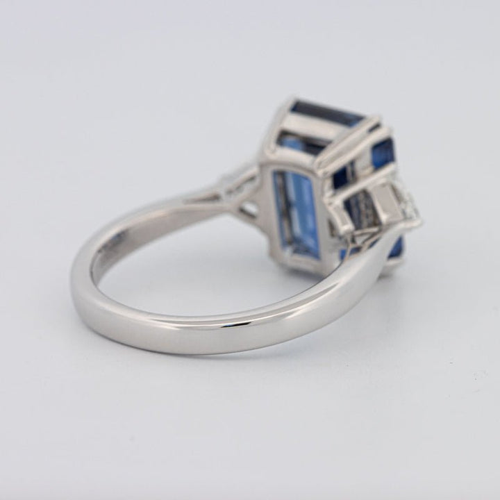 5.88 CT Emerald Cut Blue Sapphire Trilogy Ring (LG) - ZIZOV DIAMONDS