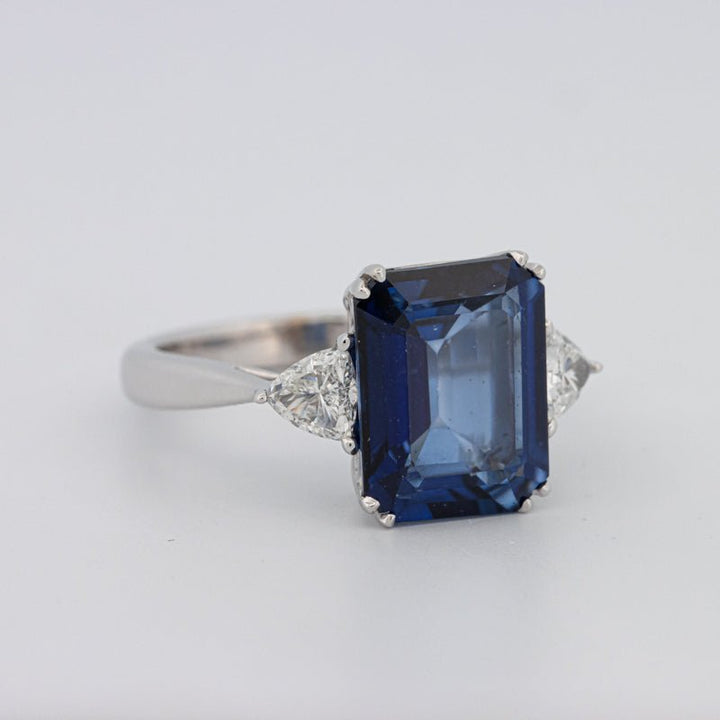 5.88 CT Emerald Cut Blue Sapphire Trilogy Ring (LG) - ZIZOV DIAMONDS