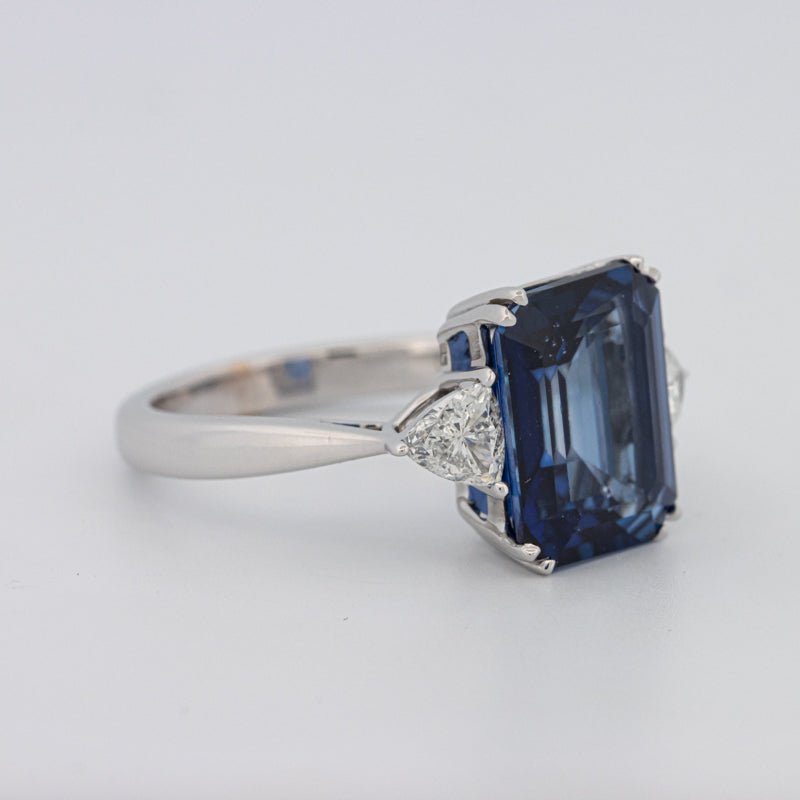 5.88 CT Emerald Cut Blue Sapphire Trilogy Ring (LG) - ZIZOV DIAMONDS