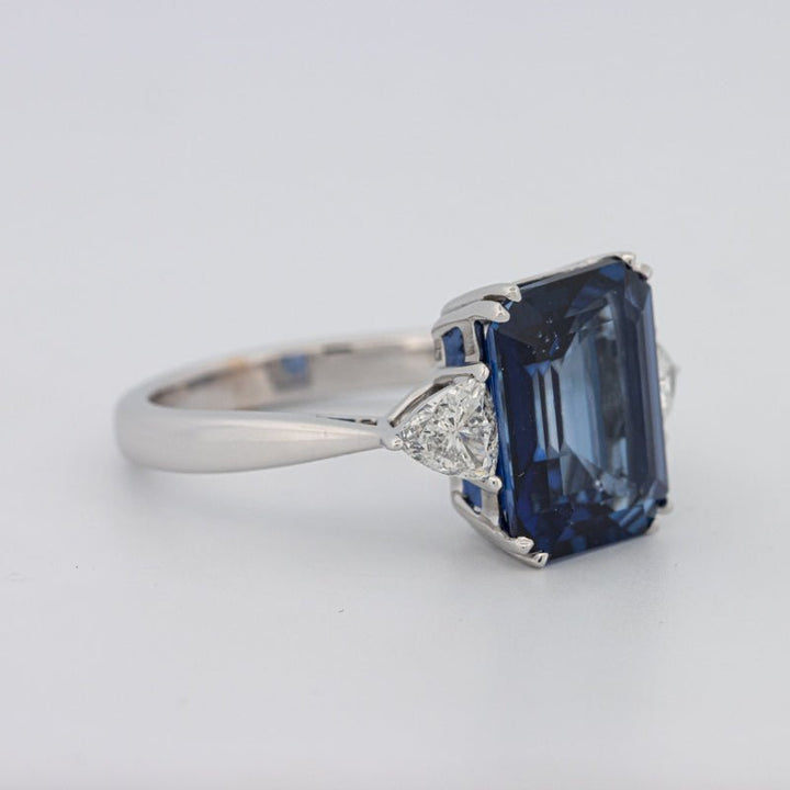 5.88 CT Emerald Cut Blue Sapphire Trilogy Ring (LG) - ZIZOV DIAMONDS