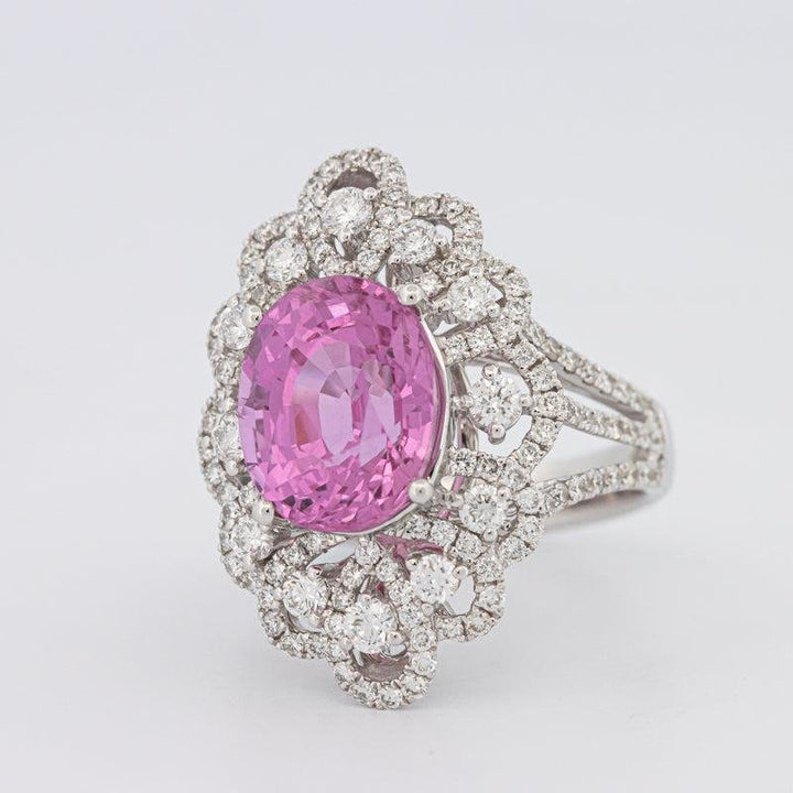 6.18 CT Oval Madagascar Pink Sapphire Flower Ring - ZIZOV DIAMONDS