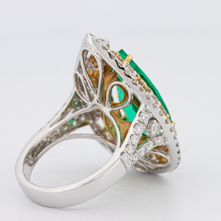 6.89 CT Double Halo Pearshape Green Emerald Ring - ZIZOV DIAMONDS