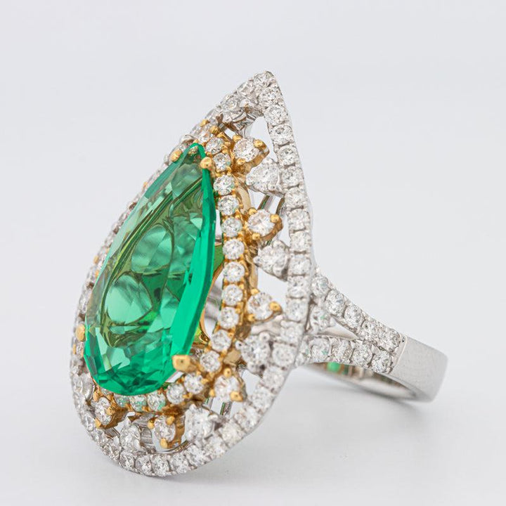 6.89 CT Double Halo Pearshape Green Emerald Ring - ZIZOV DIAMONDS