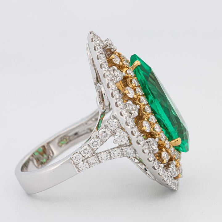 6.89 CT Double Halo Pearshape Green Emerald Ring - ZIZOV DIAMONDS
