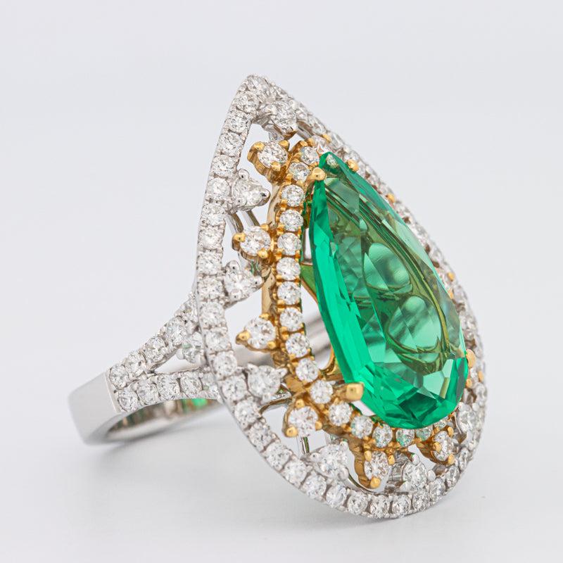 6.89 CT Double Halo Pearshape Green Emerald Ring - ZIZOV DIAMONDS