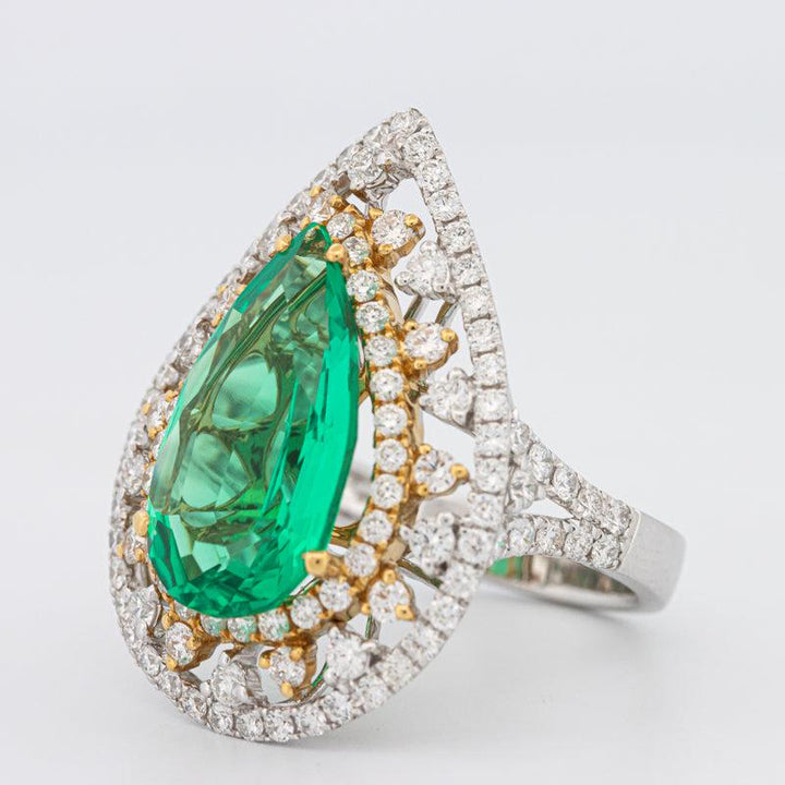 6.89 CT Double Halo Pearshape Green Emerald Ring - ZIZOV DIAMONDS
