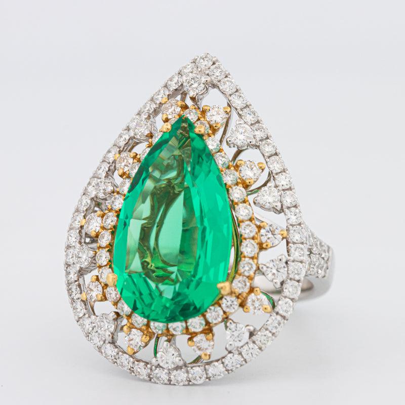 6.89 CT Double Halo Pearshape Green Emerald Ring - ZIZOV DIAMONDS