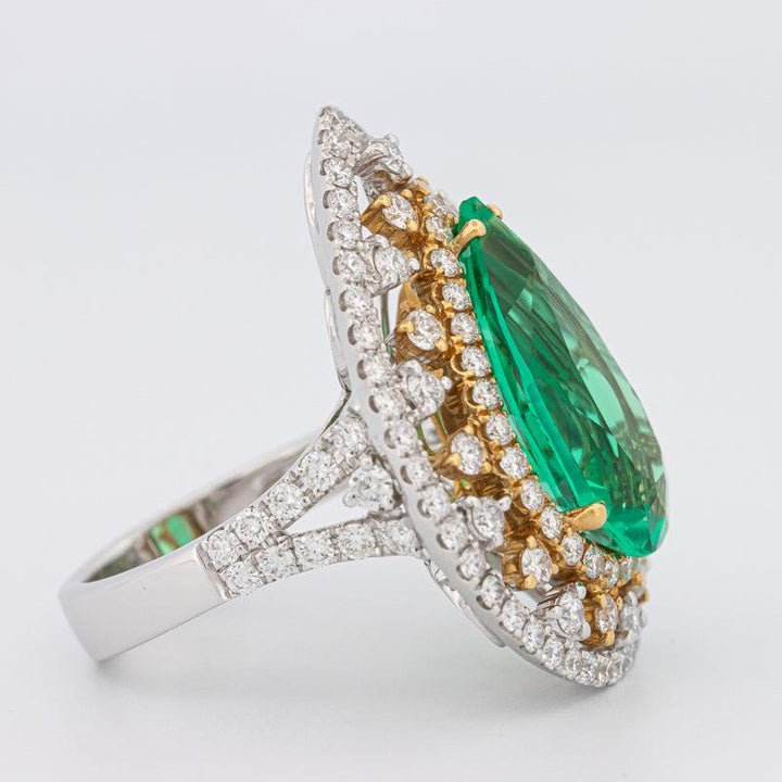6.89 CT Double Halo Pearshape Green Emerald Ring - ZIZOV DIAMONDS