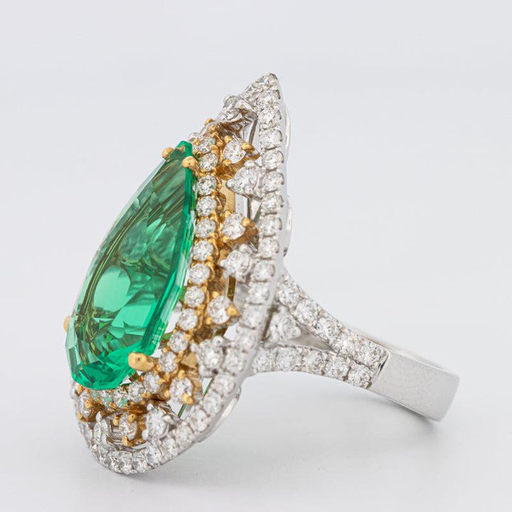 6.89 CT Double Halo Pearshape Green Emerald Ring - ZIZOV DIAMONDS