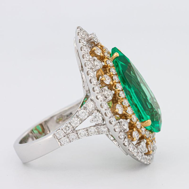 6.89 CT Double Halo Pearshape Green Emerald Ring - ZIZOV DIAMONDS