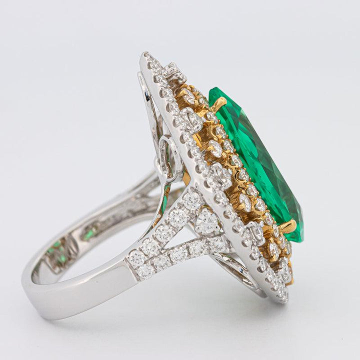 6.89 CT Double Halo Pearshape Green Emerald Ring - ZIZOV DIAMONDS