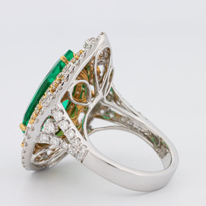6.89 CT Double Halo Pearshape Green Emerald Ring - ZIZOV DIAMONDS