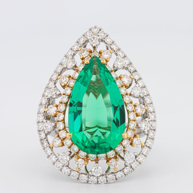 6.89 CT Double Halo Pearshape Green Emerald Ring - ZIZOV DIAMONDS