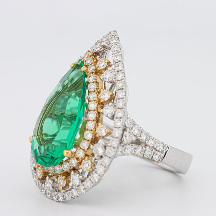 6.89 CT Double Halo Pearshape Green Emerald Ring - ZIZOV DIAMONDS