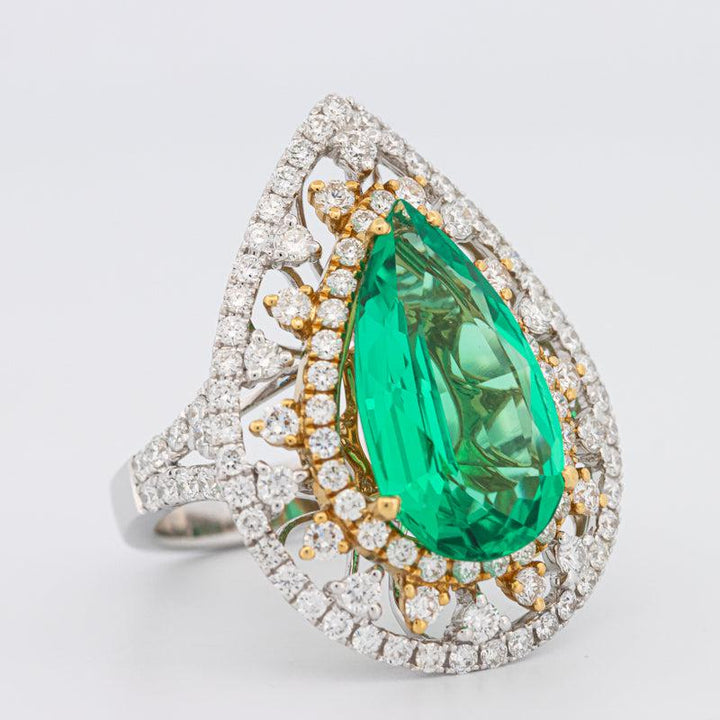 6.89 CT Double Halo Pearshape Green Emerald Ring - ZIZOV DIAMONDS