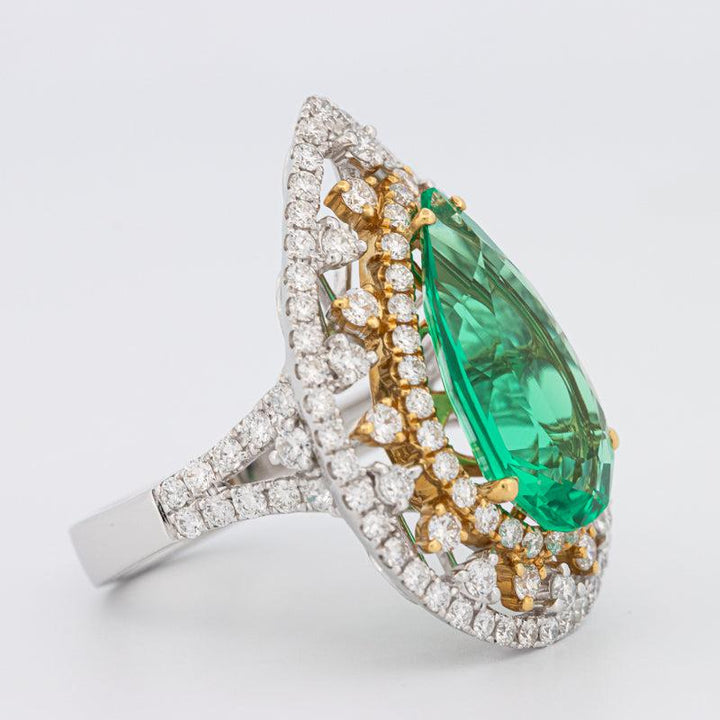 6.89 CT Double Halo Pearshape Green Emerald Ring - ZIZOV DIAMONDS