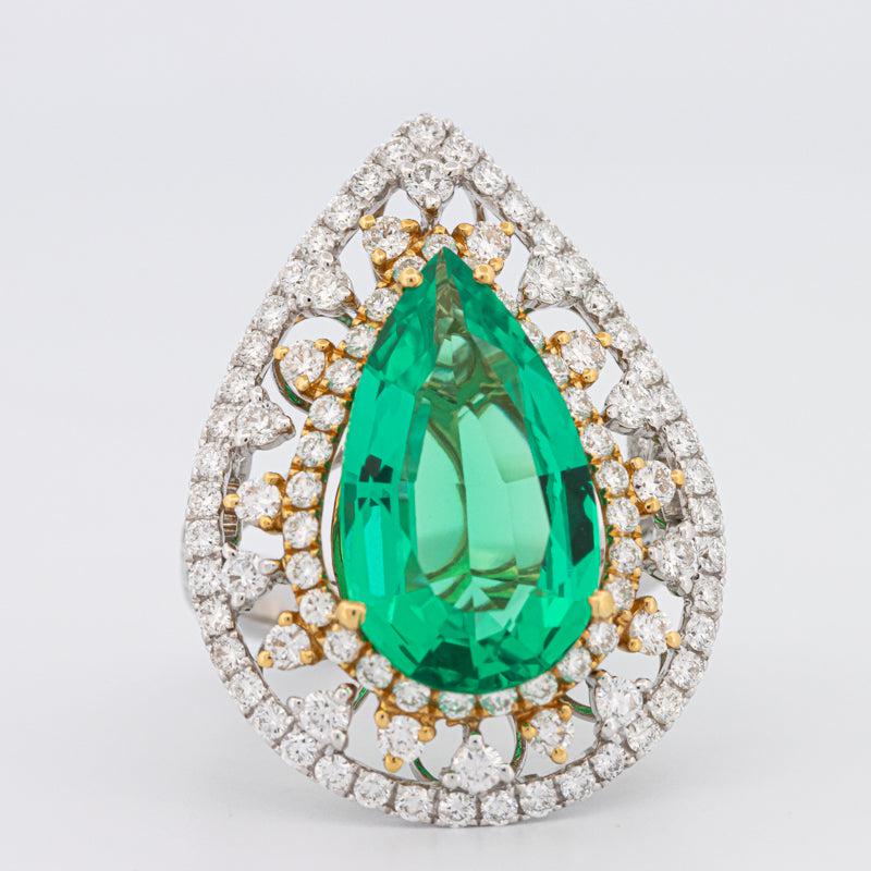 6.89 CT Double Halo Pearshape Green Emerald Ring - ZIZOV DIAMONDS