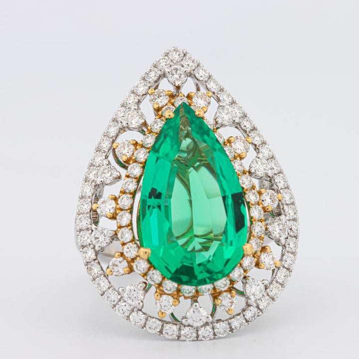 6.89 CT Double Halo Pearshape Green Emerald Ring - ZIZOV DIAMONDS
