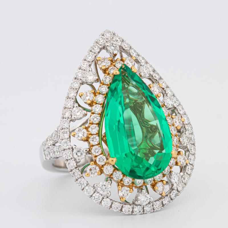 6.89 CT Double Halo Pearshape Green Emerald Ring - ZIZOV DIAMONDS