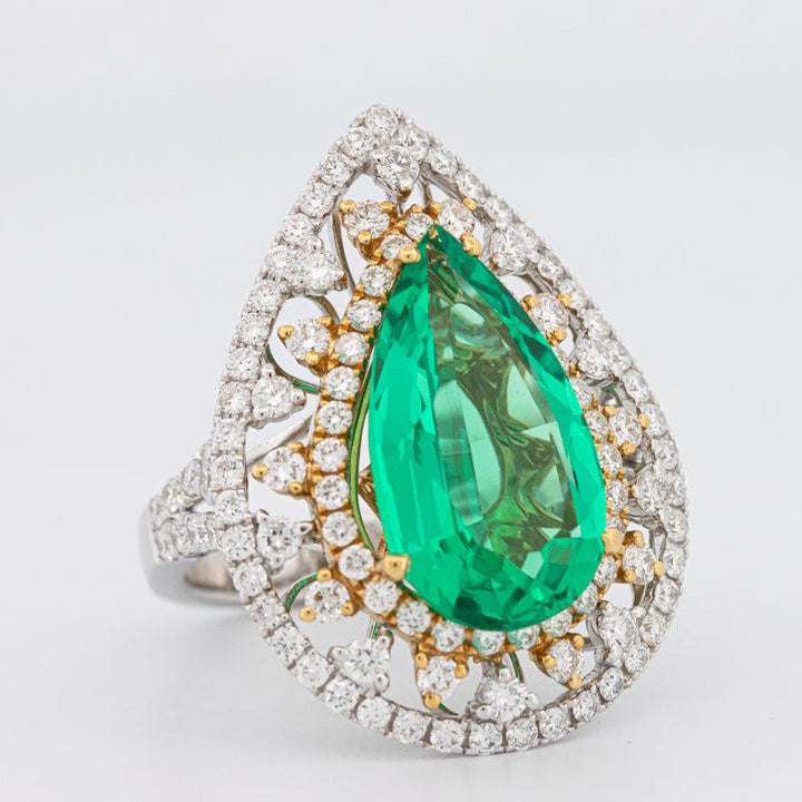 6.89 CT Double Halo Pearshape Green Emerald Ring - ZIZOV DIAMONDS